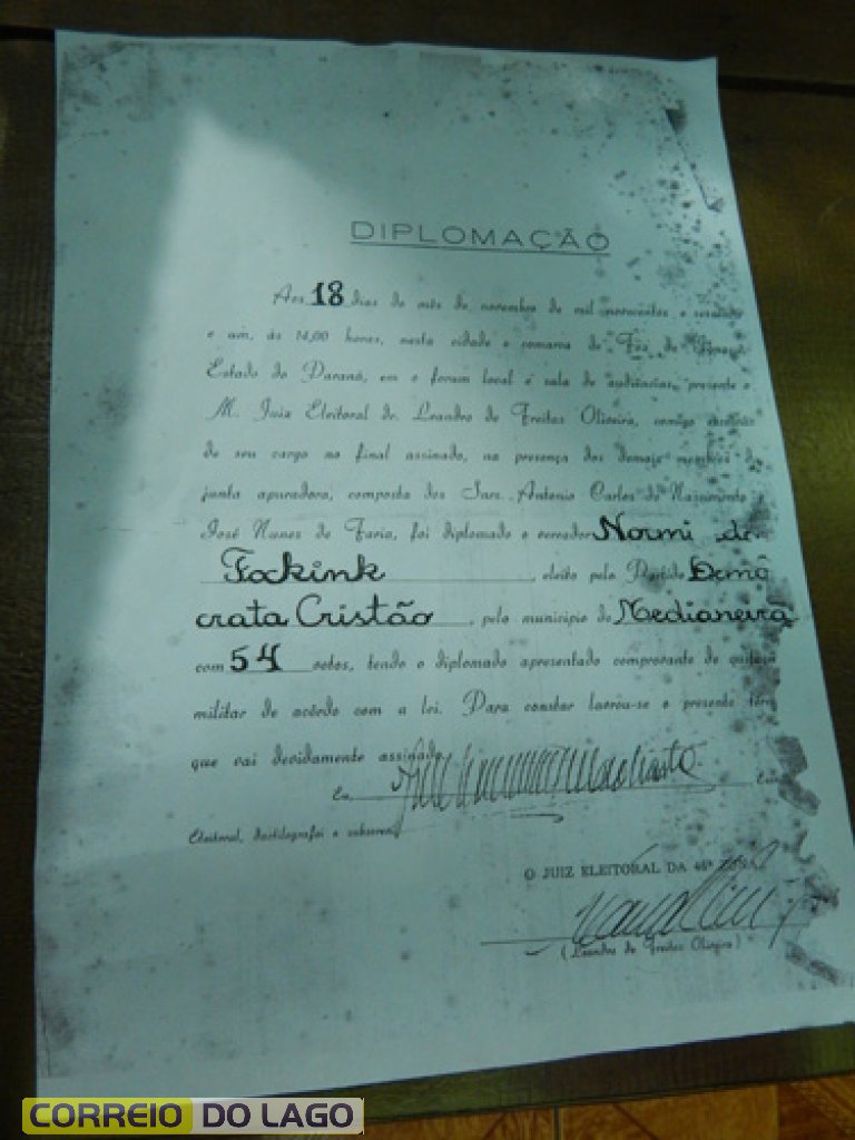 Diploma que pertenceu a Normindo Fockink (1961)após ser eleito Vereador quando ainda Santa Helena era distrito de Medianeira.