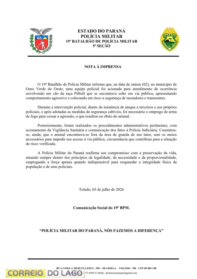 Nota oficial da Policia Militar