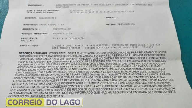 Cópia do B.O. feito na DP de Santa Helena (reprodução)