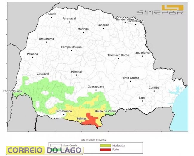 Previsão de geada para terça-feira (1), no Paraná — Foto: Reprodução/Simepar